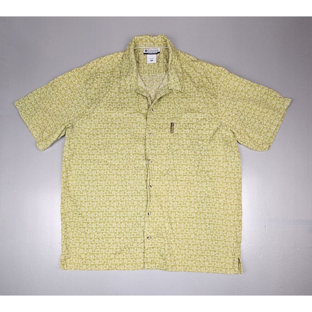 Columbia‎ Hawaiian Button Up Shirt Mens XL. Palm Tree & Surfboard Print.